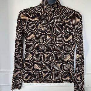 ST. JOHN SPORT Mock Neck Long Sleeve Psychedelic Design Brown Tan Petite XSMALL